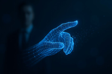 Futuristic blue glowing hand pointing gesture on dark background