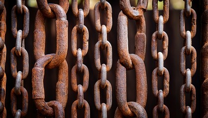 rusty metal chains hanging vertically in a row with weathered aged patina