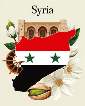 Syria map with national flag colors, pistachio and jasmine flowers, traditional architecture and cultural heritage illustration