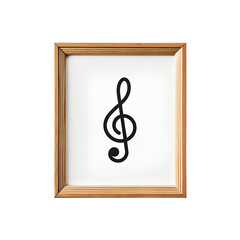 A single treble clef musical symbol in black on a white background inside a wooden frame isolated on a transparent background