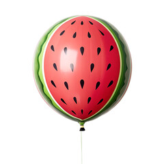 Round red watermelon shaped balloon with green rind and black seeds pattern isolated on a transparent background