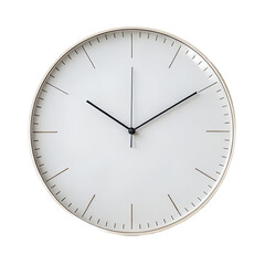 Simple round wall clock with linear black hour and minute hands on white face isolated on a transparent background