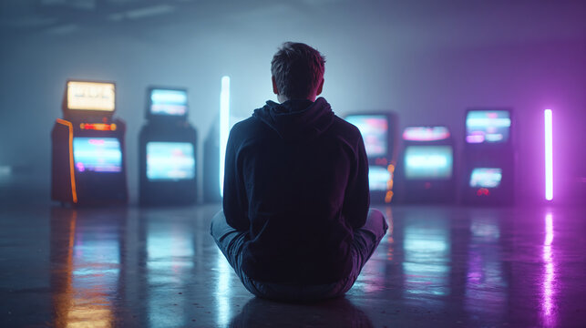 Individual lost in immersive retro arcade experience with glowing neon lights and vintage gaming machines. isolated on white background - Powered by Adobe