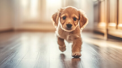 Small brown puppy walks on wooden floor indoors