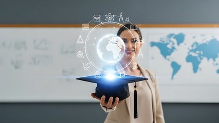 Woman in classroom presenting virtual education icons and globe on graduation cap