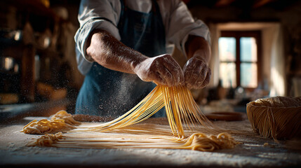 Skilled Chef's Hands Crafting Fresh Homemade Pasta Dough in a Rustic Italian Kitchen.