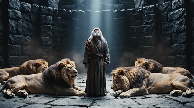 Biblical prophet Daniel standing faithfully among lions in stone den dungeon with divine light beam representing god protection and miracle