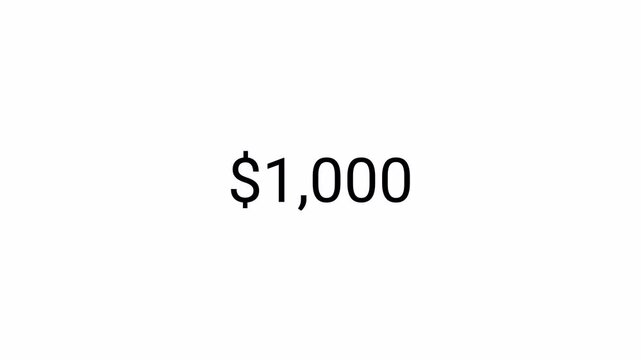 dollar Number counter animation from zero to thousand on a transparent background, $0 to $1000 animated dollar number counter with alpha channel best for  amount concepts.
