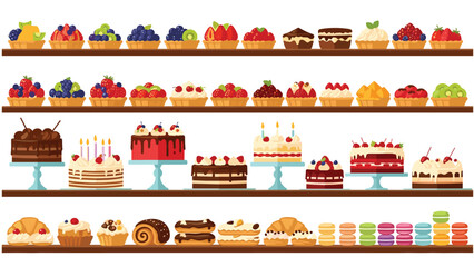 Extravagant multi-tier display showcasing an irresistible assortment of cakes, pastries, tarts, and macarons, ideal for a bustling bakery.