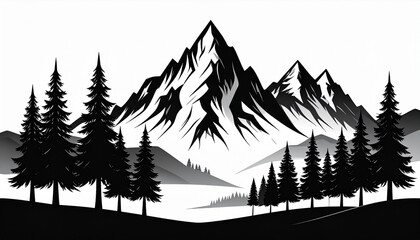 Minimalist Black and White Illustration of Sharp Mountain Peaks and Pine Forest