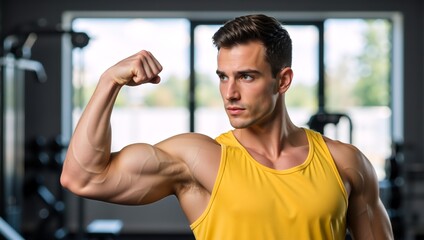 Muscular young man flexing his bicep in the gym. Strong athlete showing his arm muscles during a workout. Bodybuilding and fitness motivation concept