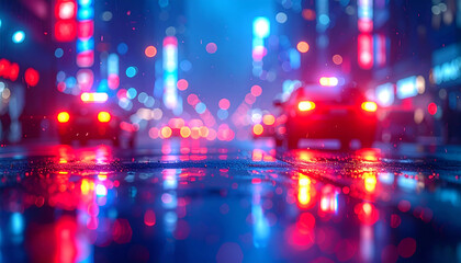 Cyberpunk Night City Street with Neon Blue and Red Lights Blurred Reflections