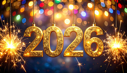 Happy New Year 2026 Golden Glitter Numbers Hanging with Sparklers and Bokeh Background