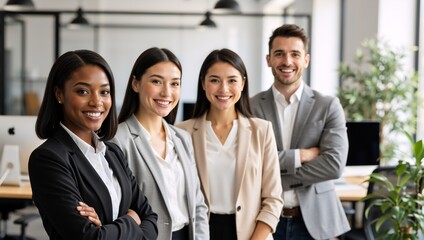 Diverse team of smiling business professionals posing in a modern office. Portrait of a successful multicultural corporate group