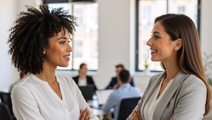 Two diverse businesswomen smiling and talking in a modern office. Happy female colleagues standing face to face with arms crossed. Professional teamwork and collaboration concept