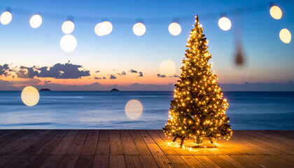 Festive Christmas Tree with Warm Fairy Lights on a Wooden Pier by the Ocean at Dusk