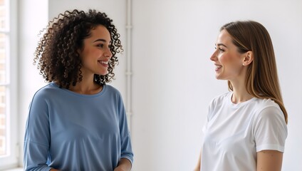 Two diverse young women smiling while having a friendly conversation. Multiethnic friends or colleagues talking indoors against a white background with copy space
