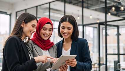 A diverse group of smiling businesswomen collaborating with a digital tablet. Female colleagues in a modern office discussing a project. Teamwork and inclusion in the workplace concept