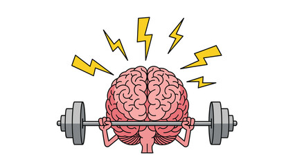 Energetic cartoon brain character powerfully lifting a barbell, surrounded by lightning bolts, symbolizing intense mental activity and sharp intellect.