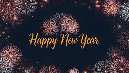 Vibrant fireworks exploding in night sky with Happy New Year text
