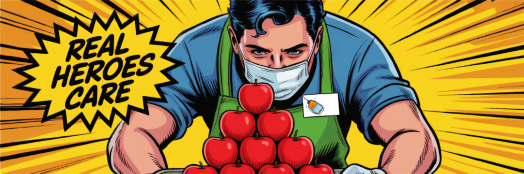 Supermarket essential worker hero stacking apples in medical mask, pop art comic style illustration with Real Heroes Care text