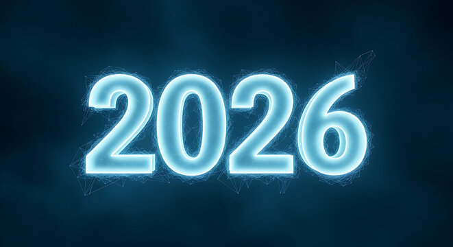 A Glowing Digital Representation of the Year 2026 with Futuristic Network Lines - Powered by Adobe