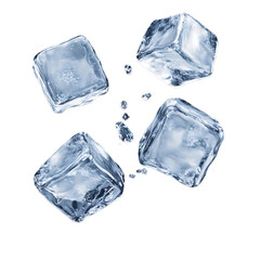 Obraz premium Four clear ice cubes with water splashes isolated on white background perfect for refreshing drinks and summer concepts