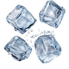 Obraz premium Four clear ice cubes with water splashes refreshing and cold isolated on white background for drinks and cocktails