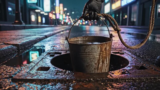 A figure pulls a rusty bucket from a dark manhole on a rainy city street. Water pours from it, glistening under vibrant city lights, creating a magical moment in the night.