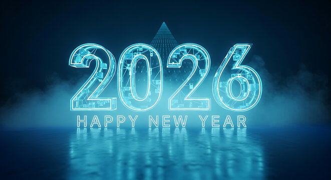 A Vibrant Digital Rendering of the Futuristic 2026 Happy New Year Celebration - Powered by Adobe