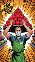 Essential worker superhero grocer in mask carrying apples pyramid, comic book style illustration honoring real everyday heroes