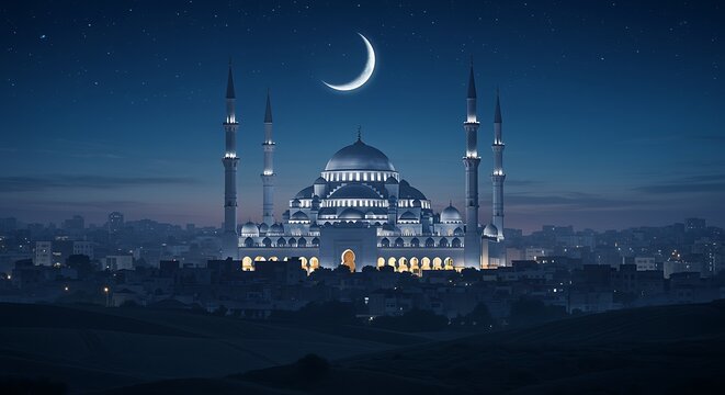 night view of illuminated mosque with crescent moon in sky