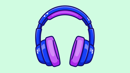 Illustration of blue and purple headphones on a light green background.