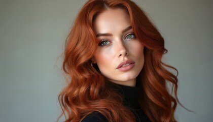Fototapeta premium Elegant woman with long curly red hair looks into camera with gentle gaze. Her sophisticated makeup and style express natural beauty confidence and allure, perfect for fashion.