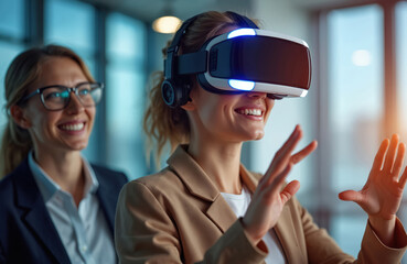 Woman uses vr headset in office with smiling colleague nearby. They explore virtual reality for business and innovation, experiencing future tech together. Teamwork brings creative ideas.