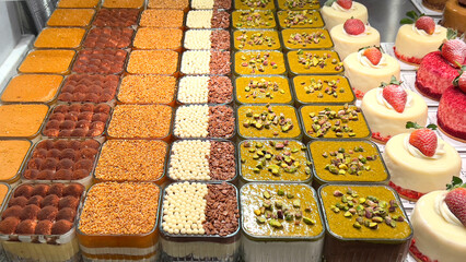 Variety of gourmet sweets and cakes on display