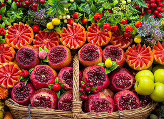 Fresh pomegranates and citrus slices in woven basket