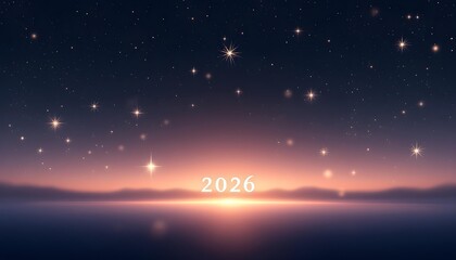 Sophisticated abstract celebration scene showing 2026 on deep navy surface with gentle fireworks arcs and modern calm mood