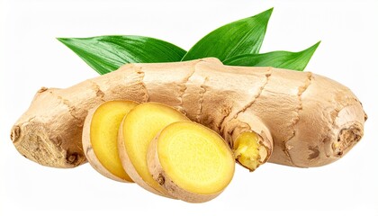 Fresh ginger root with three slices and green leaves on white background, showing texture and contrast.