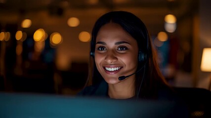 Smiling female customer service agent wearing headset working night shift in modern office with computer screens - Powered by Adobe