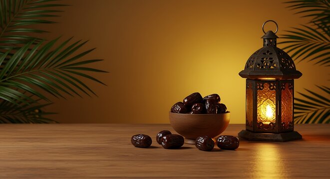 Traditional Arabic lantern with dates on wooden table indoors