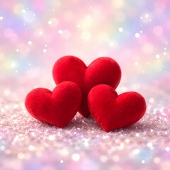 Obraz premium Three red velvet hearts on pastel glitter background