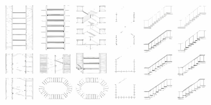 Architectural drawings depicting various staircase designs and structural elements
