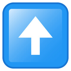 Blue glossy square icon with white up arrow symbol isolated on transparent background.