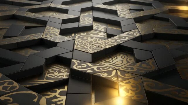 Modern geometric wall with intricate gold patterns illuminated by warm ambient lighting creating