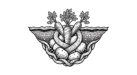 Naklejka premium Intricate Hand-Drawn Woodcut Style Illustration of Carrots and Potatoes with Roots Intertwined