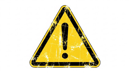 Grungy yellow warning triangle sign with exclamation mark on white background