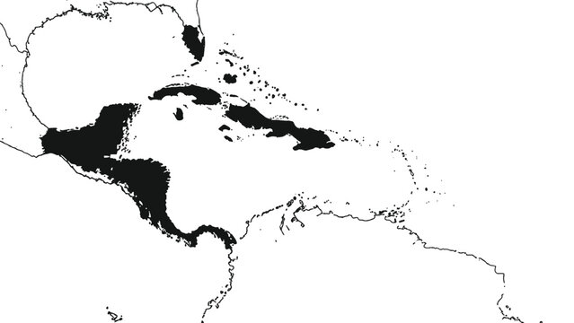 Black silhouette map highlighting the Caribbean Sea region, including the islands and the coastlines of Central and South America.