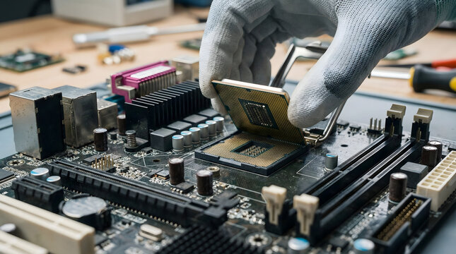 Technician hand holding cpu processor over motherboard socket,computer hardware installation repair,electronic circuit board technology,pc maintenance upgrade service business concept