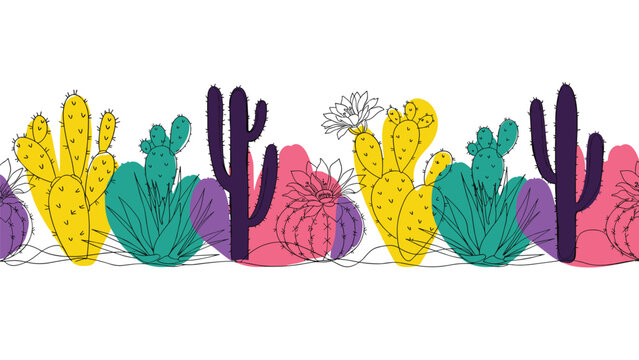 Seamless horizontal border with colorful and modern stylized cacti and succulent plants in a whimsical doodle line art style.